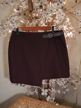 Commense Chocolate Brown Wrap Mini Skirt with Belt Detail